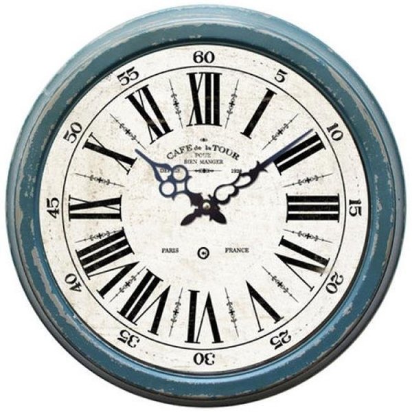 Clock Creations Circular Iron Wall Clock Distressed Blue Iron Frame with Glass CL611037